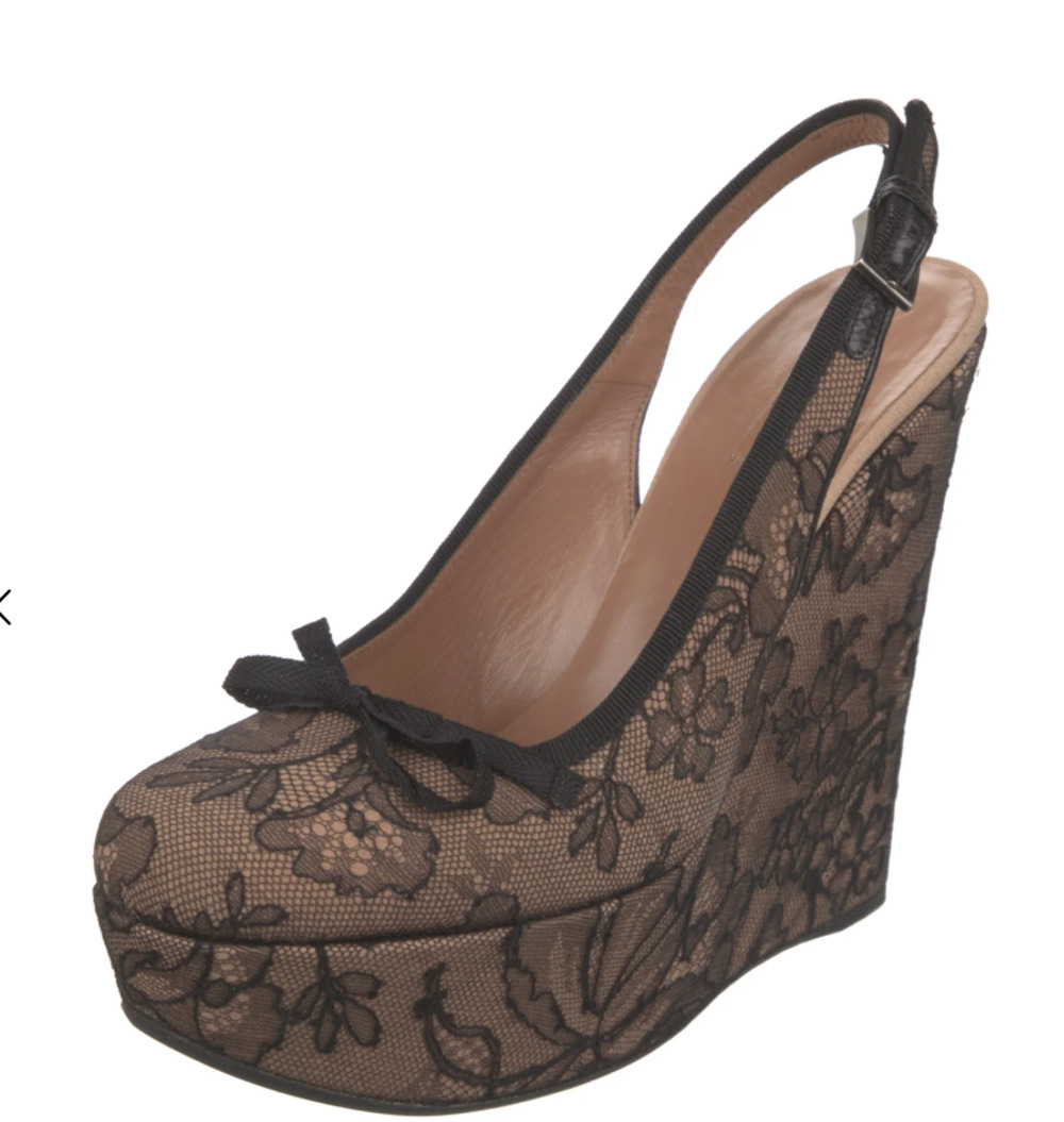 AUTHENTIC Alaia Brown and Black Lace Bow Platform Slingback Wedge
